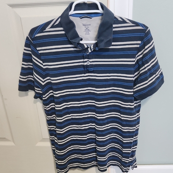 Haggar Men's Navy and White Striped Polo Shirt - Picture 1 of 2
